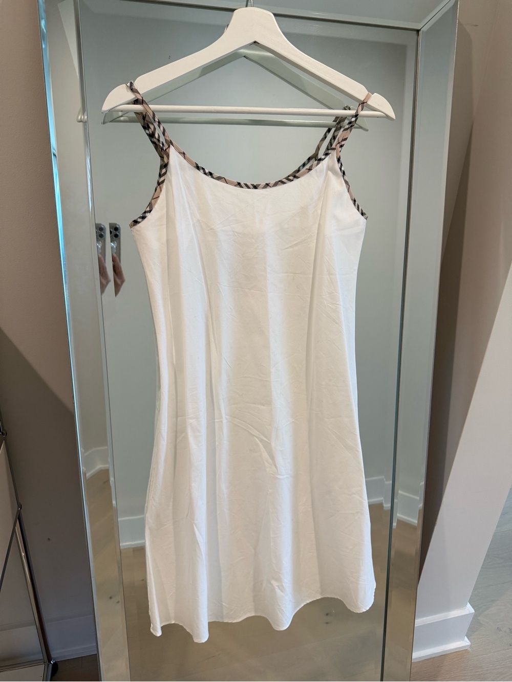 Burberry White Slip Midi Dress with Check-Trim Straps